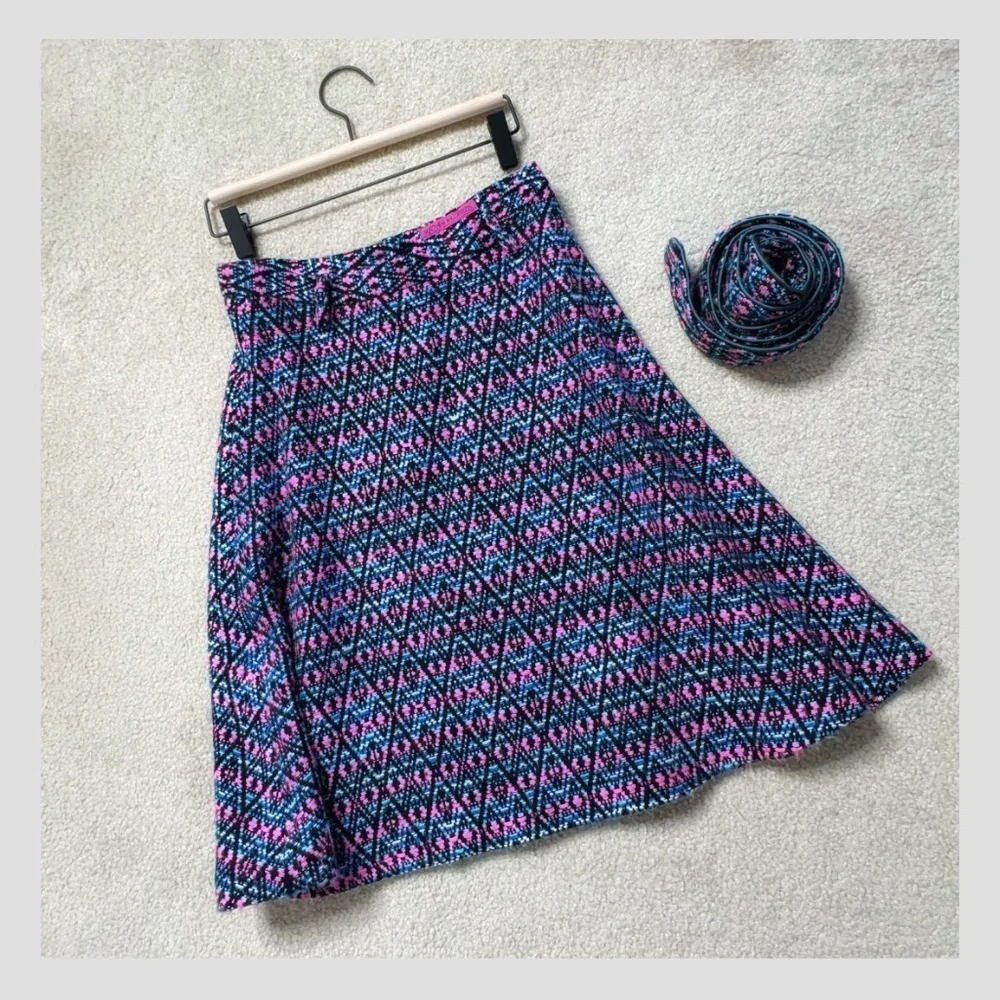 Matthew Williamson A- Line Skirt Detachable Belt Textured Fabric Pink Blue Print